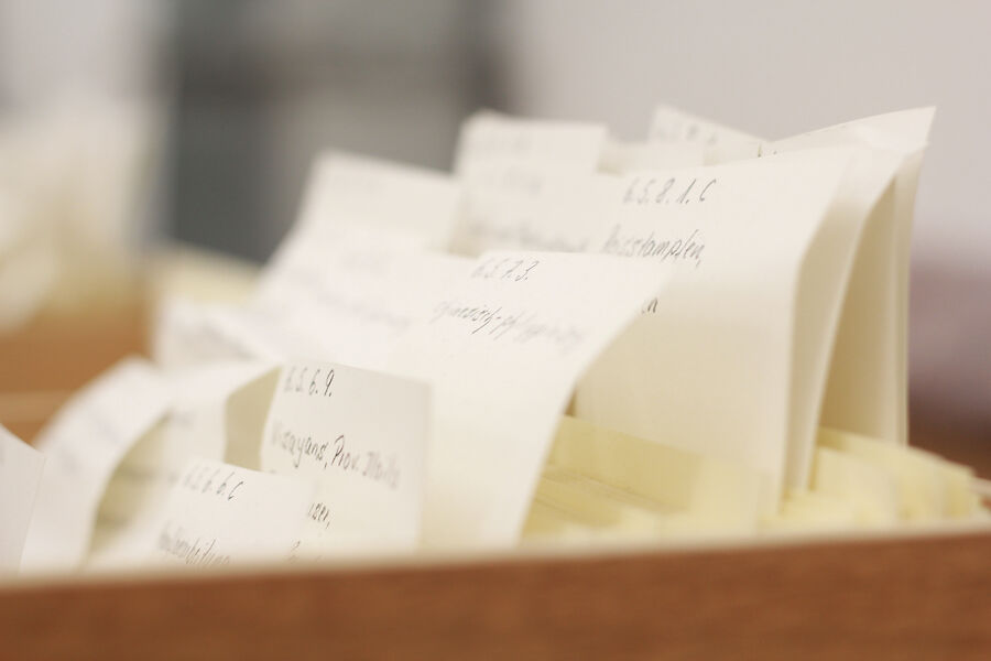 Detailaufnahme einer Schublade mit vielen handbeschrifteten Trennblättern.