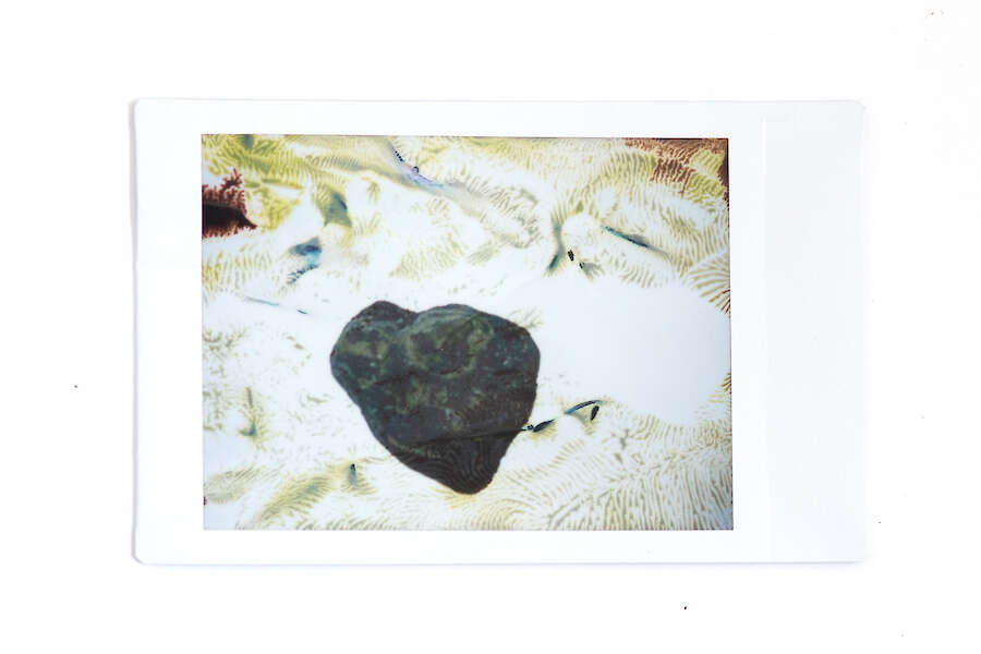 Idee einer Insel. Experiment mit Stein und Sofortbildmaterial. 2024,  © Evi Blink