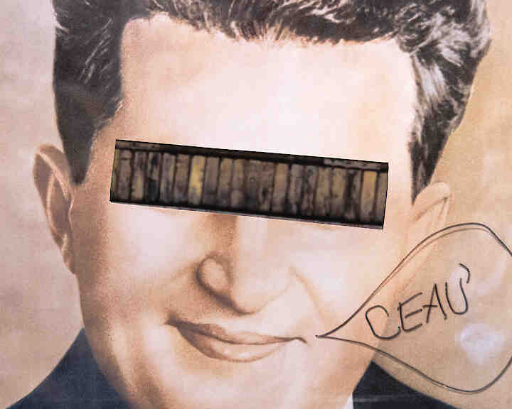 Der frühere rumänische Diktator Ceausescu ist im Portrait zu sehen. Seine Augen sind mit einem Balken, in dem ein Gitter zu sehen ist, verdeckt.  © Hanna Tomin