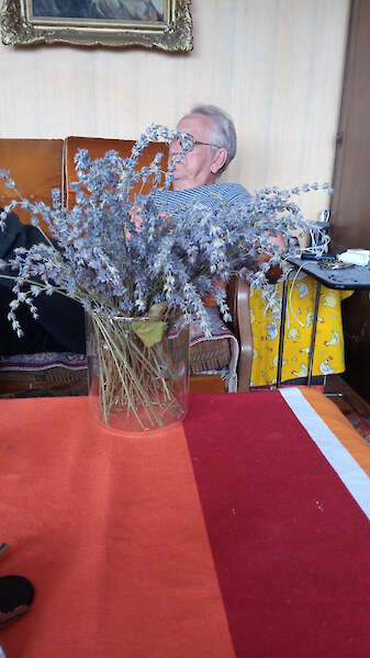 Ein älterer Mann mit Brille sitzt in einem Sessel, der teilweise von einer großen Glasvase mit getrocknetem Lavendel verdeckt wird. Im Vordergrund befindet sich eine rot-orangefarbene Tischdecke, und an der Wand dahinter hängt ein gerahmtes Bild.