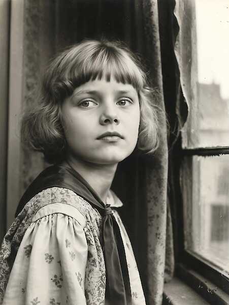 Elena Efeoglou, Anda, 2025, KI generiertes Bild zu August Sander, Mädchen im Kirmeswagen, 1926–1932